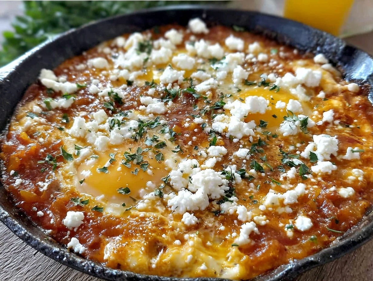 cremige Shakshuka mit Feta preparation steps