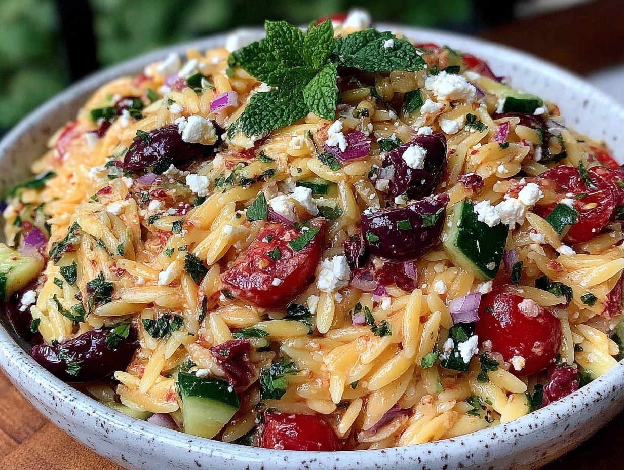 griechischer Sommersalat mit Orzo-Nudeln preparation steps
