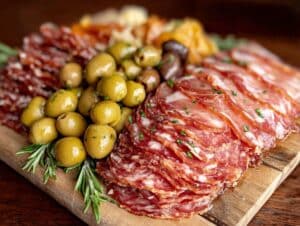 herzhaftes Snackboard mit Aufschnitt und Oliven - featured image