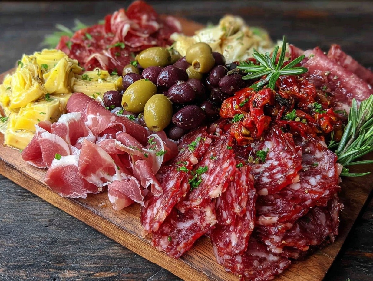 herzhaftes Snackboard mit Aufschnitt und Oliven preparation steps