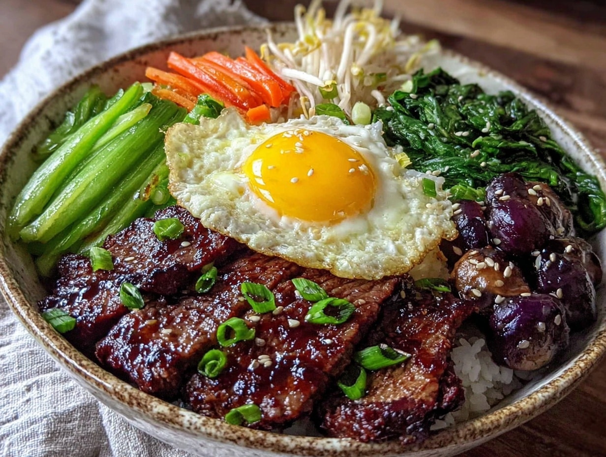 koreanische bibimbap-bowl mit rindfleisch preparation steps