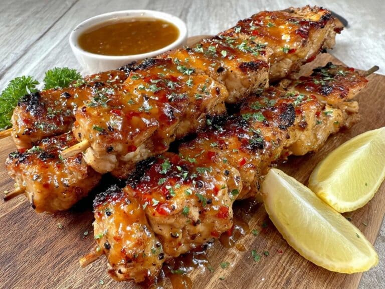 marinierte Hähnchen-Spieße mit Honig-Senf-Glasur - featured image