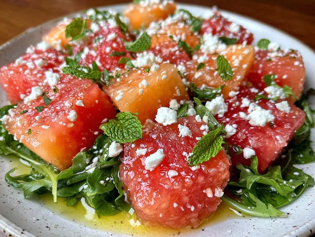 Melonensalat mit Feta und Rucola preparation steps