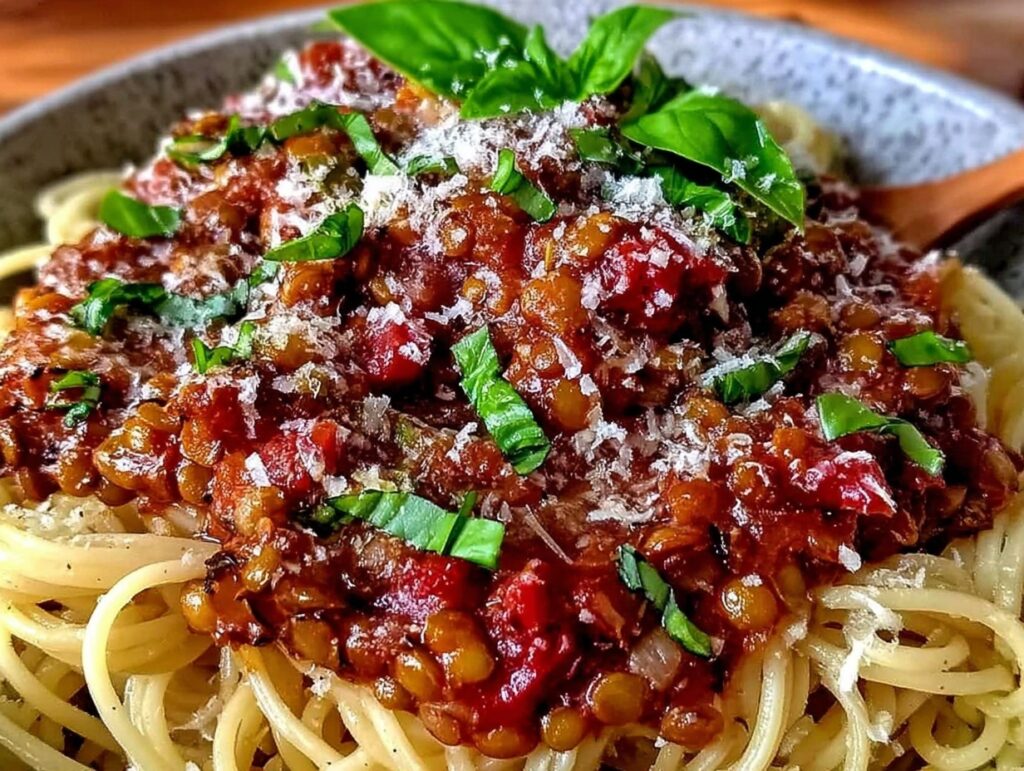 proteinreiche vegetarische linsen-bolognese - featured image