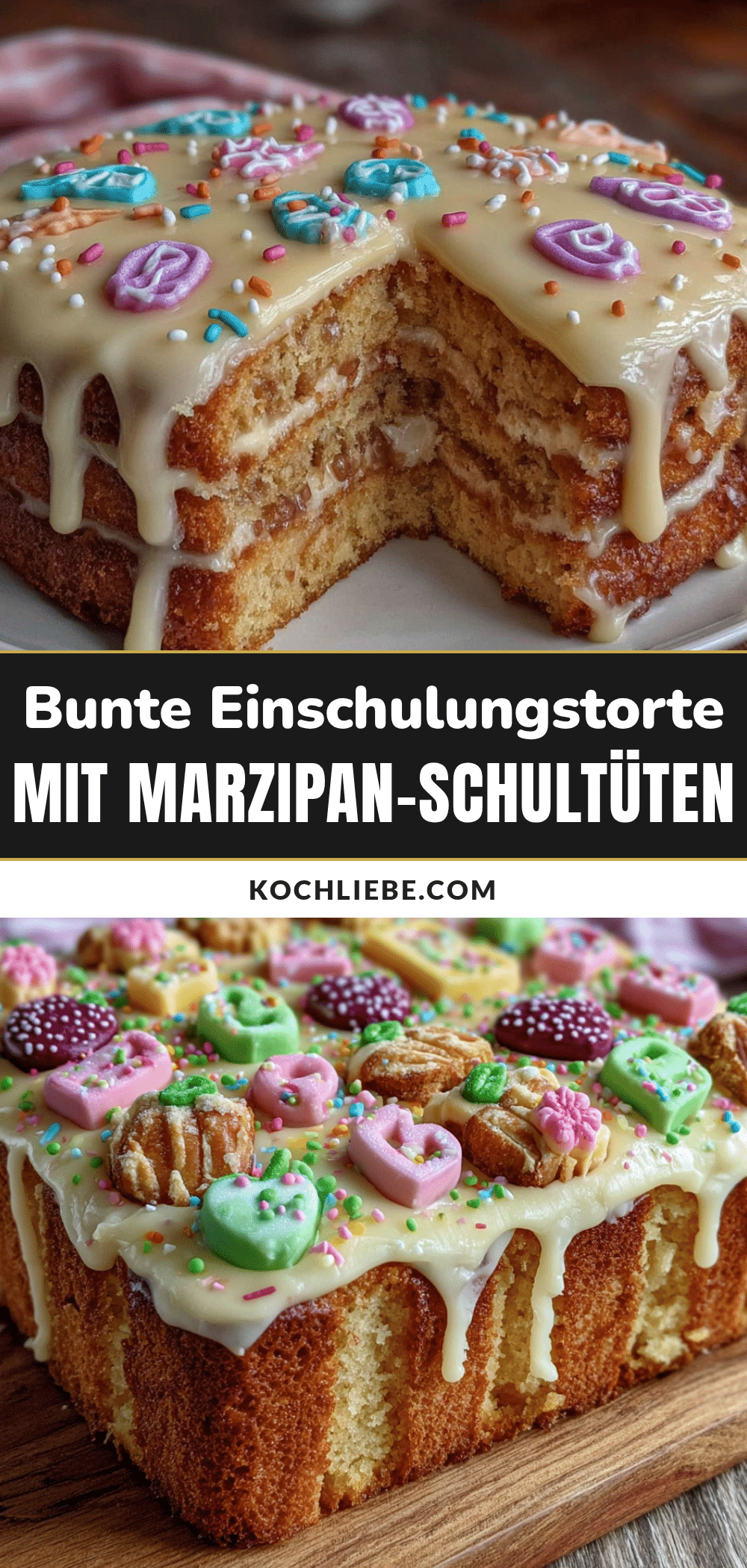 Bunte Einschulungstorte mit Marzipan-Schultüten recipe