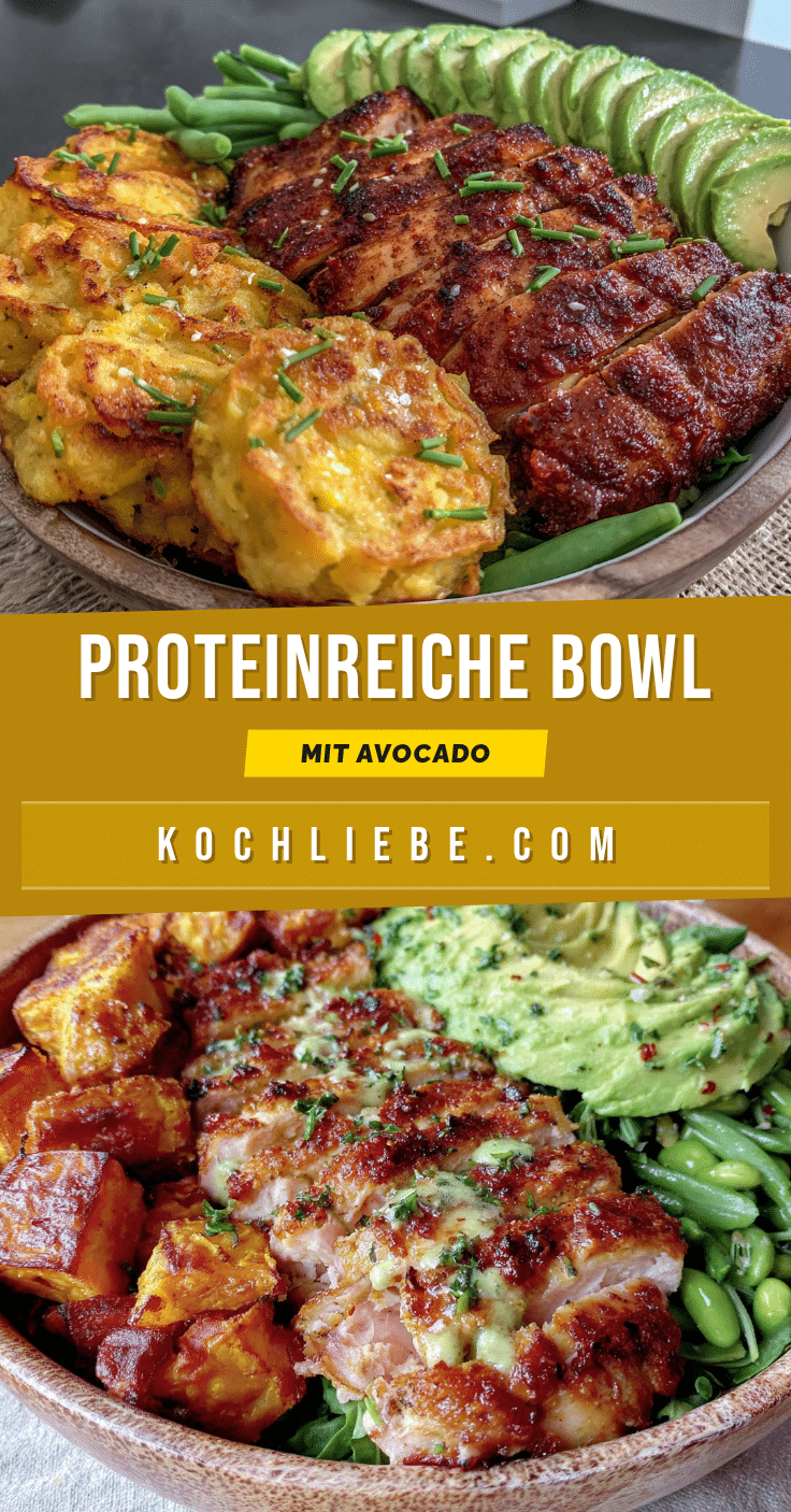 Gesunde Protein-Schüssel mit gegrilltem Hähnchen und Avocado recipe