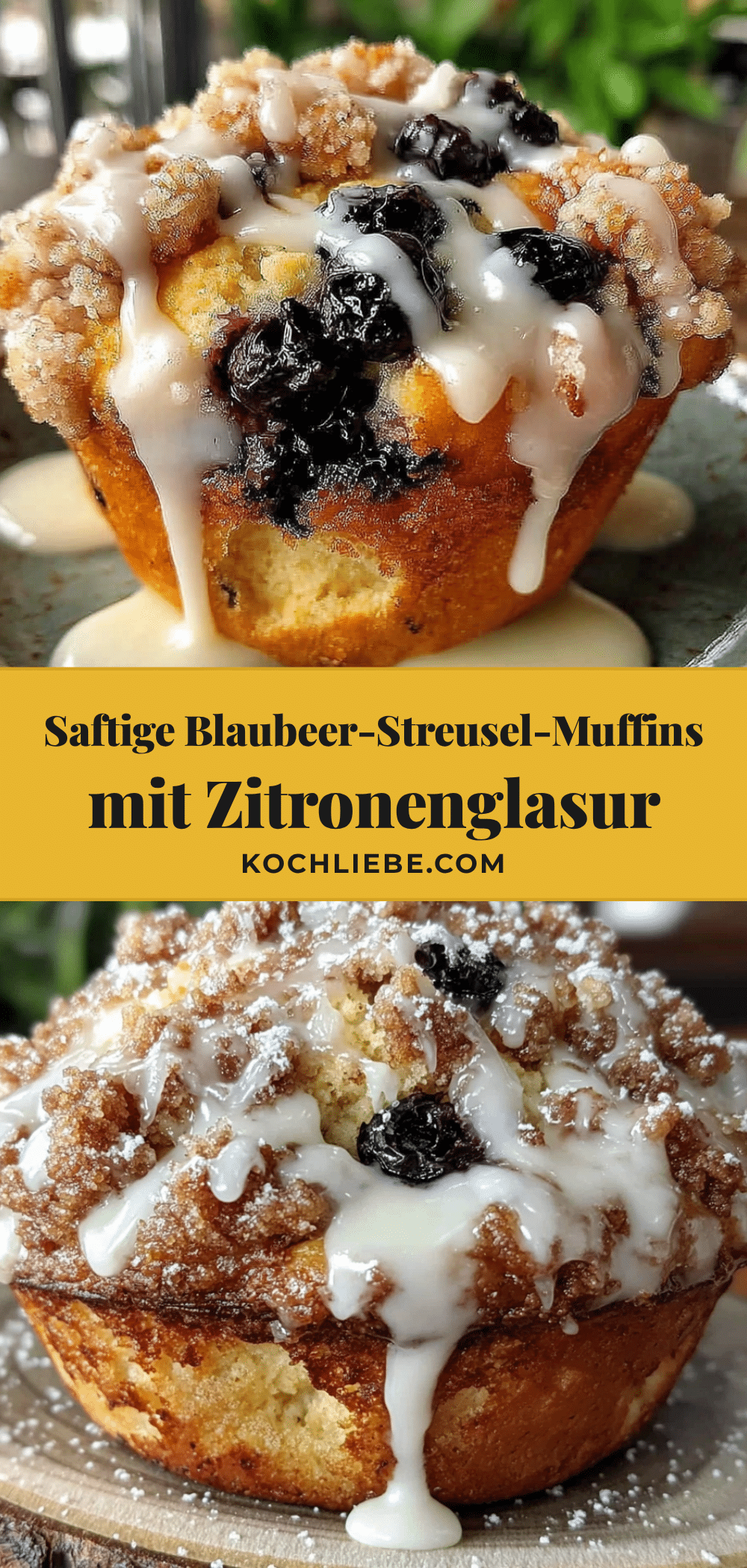 Saftige Blaubeer-Streusel-Muffins mit Zitronenglasur recipe