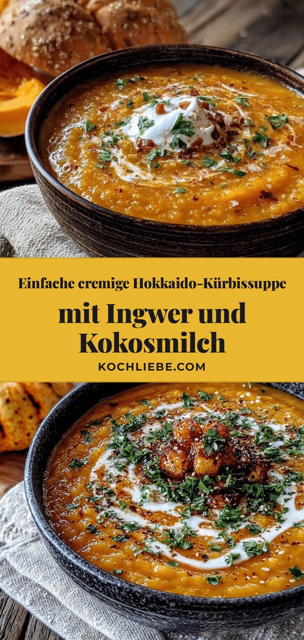 Einfache cremige Hokkaido-Kürbissuppe mit Ingwer und Kokosmilch recipe
